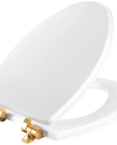 Mayfair Bennett Toilet Seat with Brushed Gold Hinges, Slow Close Wood Seat, Secure Metal Hinges, Easy Install, Made in USA, Elongated, White