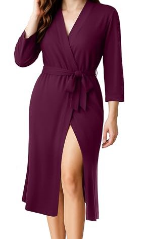 NY Threads Women's Robe Long Knit Bathrobe 3/4 Sleeves Soft Kimono Lightweight Loungewear, Small, Purple Red