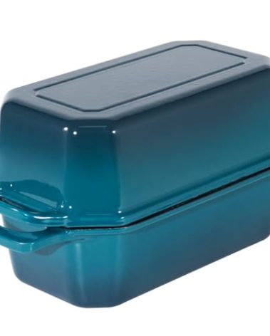 Flavehc Bread Pan Cast Iron Loaf Pan with Lid Bread Loaf Pan 9x5 Inch Loaf Pan Enameled Cast Iron Sourdough Loaf Pan, DarkCyan