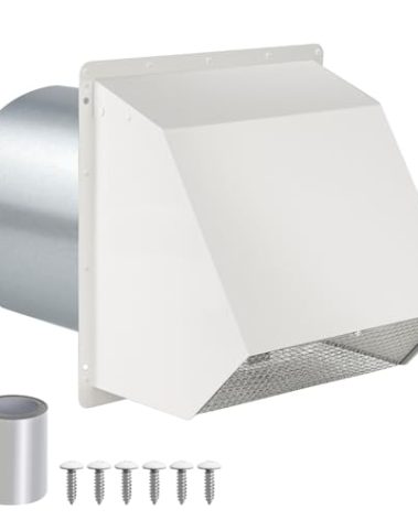 8 Inch Hooded Wall Vent with Screen and Damper,Outdoor Wall Exhaust Vent Cover Wall Cap for Exterior Kitchen Range Hood Ventilation Dryer HVAC Duct Air Exhaust, Galvanized Steel, White