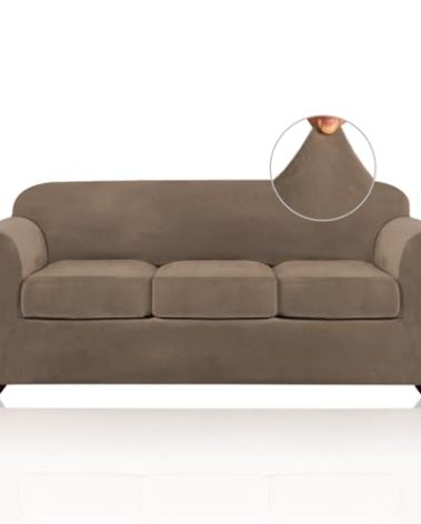 PrinceDeco Velvet Couch Covers for Sofa Soft 4 Pieces Couch Covers for 3 Cushion Couch Sofa Pet Friendly Furniture Protector with Non Slip Elastic Bottom Width Up to 90 Inch (Large, Mocha)