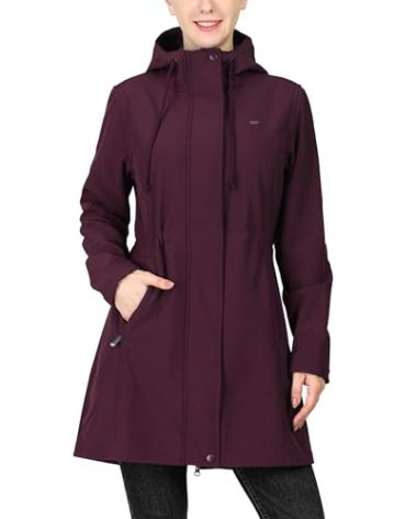 33,000ft Women's Softshell Long Jacket with Hood Fleece Lined Windproof Warm up Waterproof Windbreaker