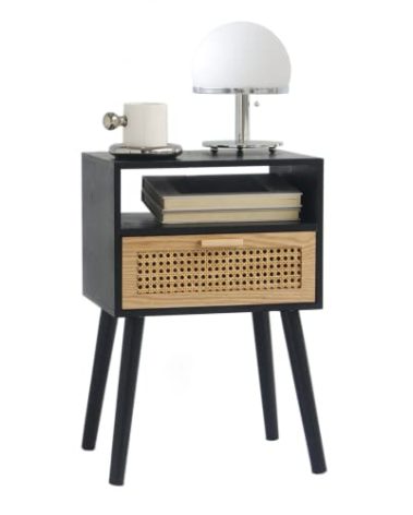 MaxSmeo End Table with Storage Mid Century Nightstand with Rattan Drawer and Shelf, Wood Small Side Coffee Table for Small Space, Living Room and Bedroom, Easy Assembly (Black)