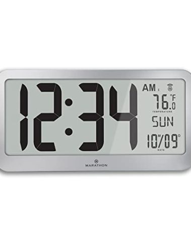 MARATHON Slim Jumbo Panoramic Atomic Wall Clock with Date & Temperature, Graphite Gray - Large 17-Inch Display - AM/PM or 24-Hour Time Format, Eight Time Zones - Four AA Batteries Included