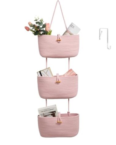 TeoKJ Over the Door Hanging Baskets with Button Strap, 3-Tier Woven Cotton Storage Organizer Bag, Wall-Mounted with Hook Decorative Hanging Nursery Baskets - Pink