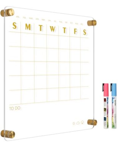 AMUSIGHT Small Acrylic Calendar for Wall, 12" X 12" Golden Clear Acrylic Wall Calendar, Clear Wet & Dry Erase Board Hanging Frameless Monthly Planner for Office, Home or School, 2 Markers