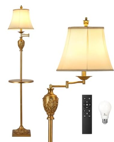 Traditional LED Floor Lamp with 350° Adjustable Swing Arm Lamp – Vintage Standing Pole lamp for Living Room, Bedroom and Office – Rustic Upright Floor Light for Home Décor with Silk Fabric Shade