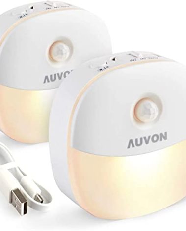 AUVON Rechargeable Battery Night Light, Mini with Motion Sensor, Warm White LED Stick-On Closet Light with Dusk to Dawn Sensor, Adjustable Brightness for Wall, Stairs, Hallway, Cabinet (2 Pack)