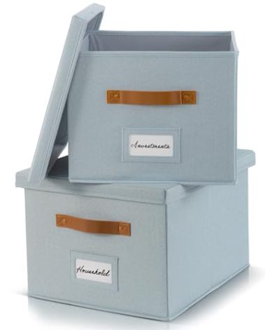 ZICOTO Decorative File Organizer Box Set of 2 - Collapsible Linen Filing Cabinets w/Handles Are Perfect to Store all Your Documents & Hanging File Folders - Portable Easy Slide Crates with Lid