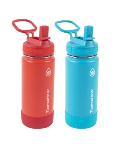 ThermoFlask Kids Bottle with Straw Lid - Durable & Dishwasher-Safe Water Bottles & Lids - Leak-Proof Bottle Lid Design - Reusable Water Bottles for Everyday Use - 16 oz, Red/Blue (2 Pack)