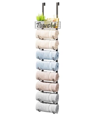 HapiRm Towel Racks for Bathroom Storage - 9 Tier Over The Door & Wall Mount Rolled Towel Storage Organizer Holder with Metal Shelf Basket for Small Bathroom, Camper, Rv - Patented