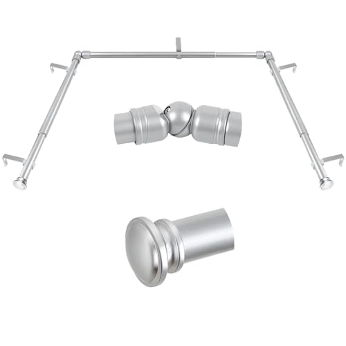 TONIAL Bay Window Curtain Rods, 36 to 72 Inch Center Rod for Windows, 20 to 36 Inch Side Rods for Window 3/4 Inch Decoratice Drapery Rods with Small Cap End, Silver