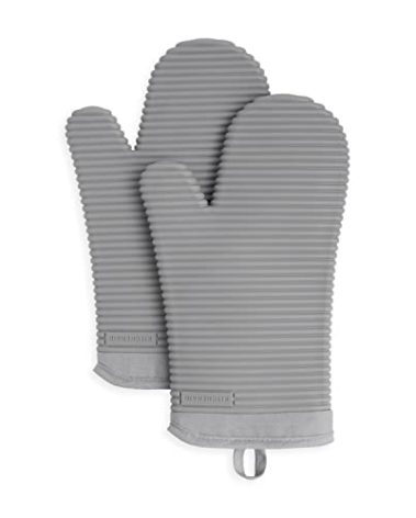 KITCHENAID Ribbed Soft Silicone Oven Mitt 2-Pack Set, 7.5"x13", Grey