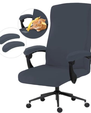 Stretch Computer Office Chair Cover with Armrest Covers Durable Zipper Universal Washable Removable Spandex Rotating Boss Chair Slipcovers Anti-dust Soft Desk Chair Seat Protector, Dark Gray