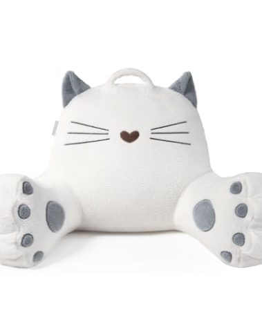 Blissful Diary Kitty Reading Pillow for Kids/Teens/Adults, Back Rest Pillow for Sitting Up in Bed with Shredded Memory Foam, Includes Arms and Washable Cover, Pure White