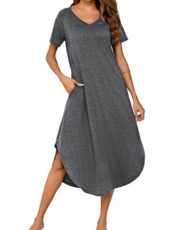 Marvmys Women Long Nightgowns Short Sleeve Nightshirts Soft V Neck Lounge Dress Sleepwears Dark Grey 4XL