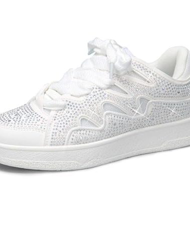 LUCKY STEP Women's Sparkle Rhinestone Fashion Sneakers Walking Tennis Bling Glitter Roaring Shoes Platform Lace up Casual Mesh Sneaker(White Rhinestone,7)