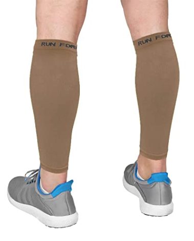 Run Forever Calf Compression Sleeves for Men and Women - Leg Compression Sleeve - Footless Compression Socks for Runners, Shin Splints, Varicose Vein & Calf Pain Relief - Brown Medium