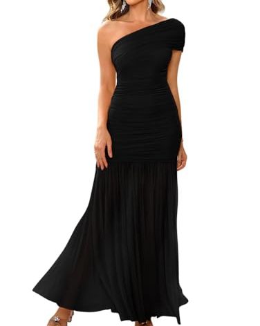 LAGSHIAN Women's Elegant Formal Long Dress One Shoulder Sleeveless Ruched Bodycon Evening Dress Black
