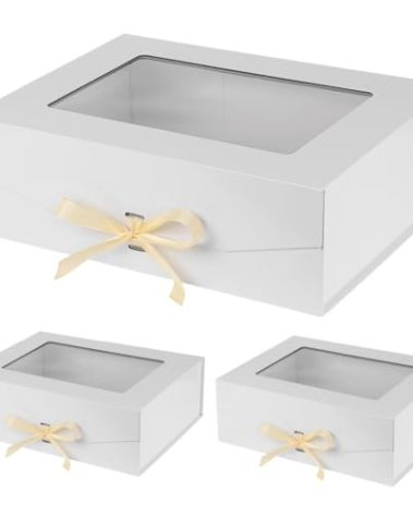 PLINJOY 3 Pcs White Extra Large Gift Box for Presents with Ribbon 16.5x13x5.3 Inches Clear Gift Box with Window Magnetic Closure Gift Boxes with Lids