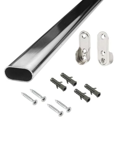 30 Inch Long Steel Oval Closet Rod with Hanging Brackets, Wall Anchors, Screws | Polished Chrome Finish | Complete Installation Kit | Outwater Plastics