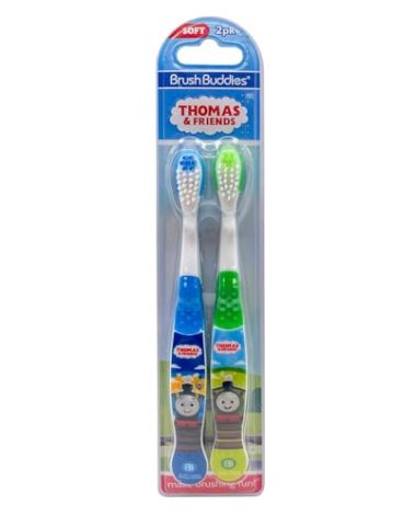 Brush Buddies Thomas and Friends Kids Toothbrush Twin Pack – Manual Toothbrushes for Toddlers & Children Ages 3+ – Soft Bristles – Green & Blue – Character Toothbrush for Boys & Girls