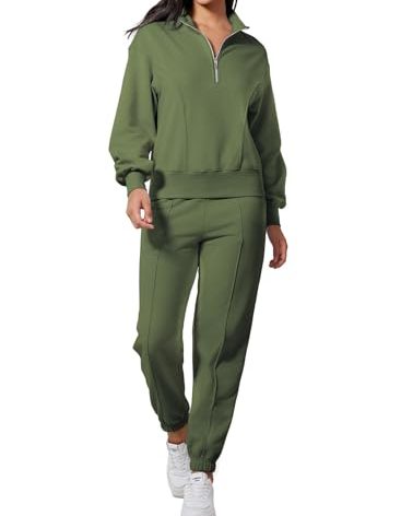 Herseas Women's Two Piece Tracksuit Fall Outfits 2025 Long Sleeve Half Zip Sweatshirt Sweatpants Lounge Set Sweatsuits Dark Green Medium
