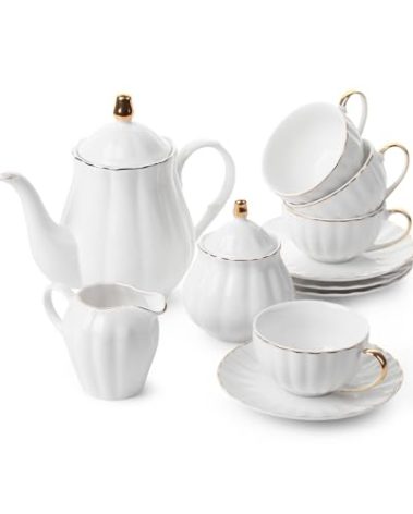 BTaT- Classic tea set, 13 pcs, Tea Cups (7oz), Tea Pot with Stainless Steel Infuser (32oz), Creamer and Sugar Set, Porcelain Tea Set, White Tea Set, Tea Pot Sets with Cups