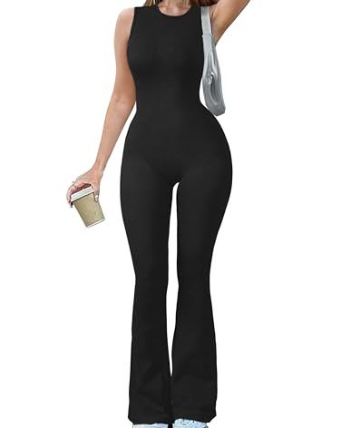 OQQ Women Yoga Jumpsuits Ribbed Crew Neck Sleeveless Bell Bottoms Flare Jumpsuits Black