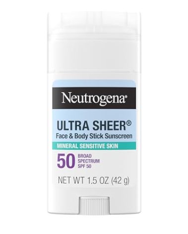Neutrogena Ultra Sheer Dry Touch SPF 50 Mineral Sunscreen Stick for Sensitive Skin, Zinc Oxide, Body & Face Sunscreen with Vitamin E, No White Residue & Vegan, 1.5 oz