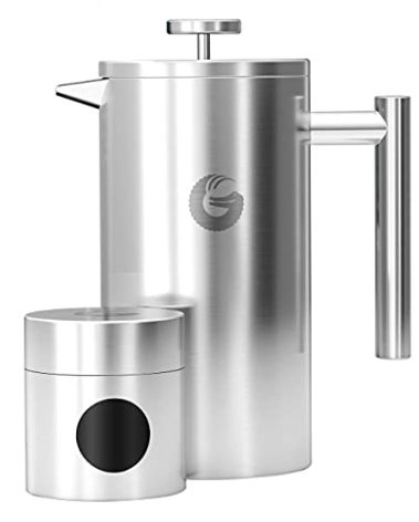 Coffee Gator 304 Grade Stainless Steel French Press Coffee Maker 34 oz, Double Wall Insulated Teapot with 4-Level Filtration System, Include Travel Jar Canister, Rust-Free, Dishwasher Safe, Silver