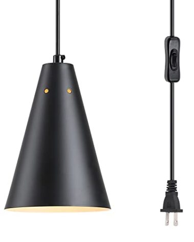 Black Plug In Pendant Light,Hanging Lights With Plug In Cord On/Off Switch, Mini Pendant Lights for Kitchen Island,Modern Farmhouse Pendant Light Fixture with Metal Shade,Hanging Lamps for Bedroom