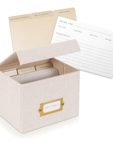 Beautiful Linen Recipe Box Set - Incl. 50x 4x6 inch Recipe Cards and Matching Dividers to Easily Organize Up to 250 Recipes - A Sturdy Card Holder And Great Gift that Perfectly Fits into Any Kitchen