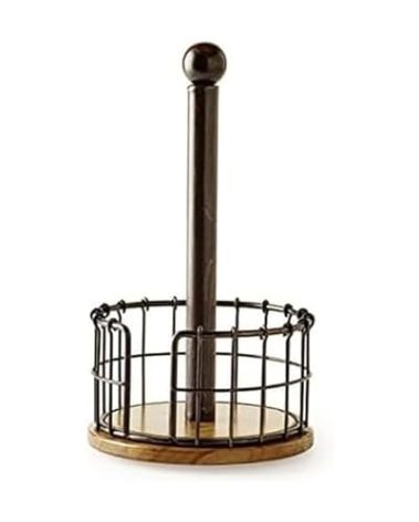 Pfaltzgraff Anvil Wire And Acacia Wood Paper Towel Holder, 13.25-Inch, Antique Black