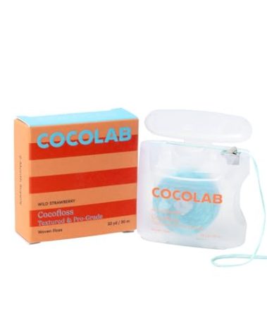 Cocofloss Woven Dental Floss, Dentist-Designed Oral Care, Strawberry Scent, Waxed, Expanding, Kid-Friendly String Floss with Coconut Oil, 1 Spool (33 yd)