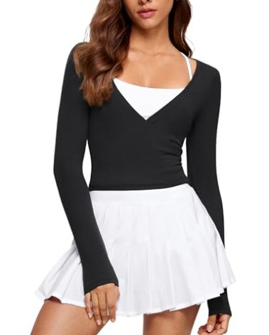 INGIA Womens V-Neck Long Sleeve Cross Wrap Top Slim Fit Soft Knit Layering Shirt Casual Yoga Gym Bandage Tie Tops Black X-Small