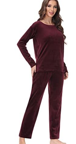 COZZIPLUS Women Velour Lounge Set 2 Piece Velvet Pajama Set Sweatsuit Crew Neck Sweatshirt and Elastic Waist Sweatpant(Burgundy,M)