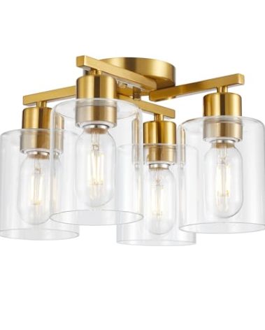 DIDUIO 4 Light Semi Flush Mount Ceiling Light Brushed Gold Kitchen Lighting Fixtures Ceiling Brass Hallway Cieling Lights Fixture with Clear Glass Shade for Bedroom Dining Room