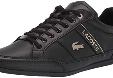 Lacoste Mens Chaymon Sneakers, Black/Black/Gold Leather, 9