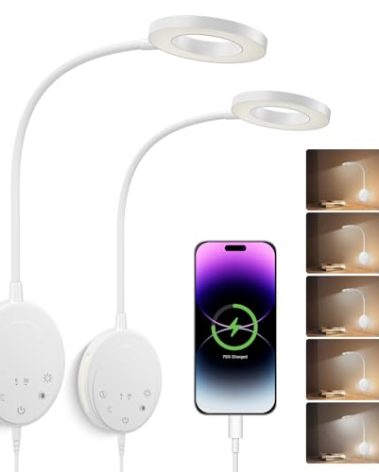 NoeiiT Wall Mounted Reading Light,Headboard Reading Lamp with 5 Color Temperature &5 Dimming,360°Flexible Gooseneck,USB Output, Night Light&Timer Function- Perfect for Reading in Bed (White 2 PCS)