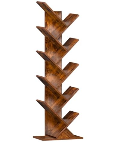 SHEEPAM 10 Tier Tree Book Shelf, Floor Standing Wood Bookshelf for Narrow Space, Storage Organizer Bookshelves for Books/CDs/Magazine, Bookcase with Shelves for Home Office, Living Room - Brown