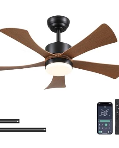 42 inch Ceiling Fans with Lights, Modern Ceiling Fan with Remote Control App, DC Motor Quiet, 3CCT Dimmable Memory, Led Sloped Flat Ceiling Fan with Light for Bedroom Indoor&Outdoor Patio Wood Brown