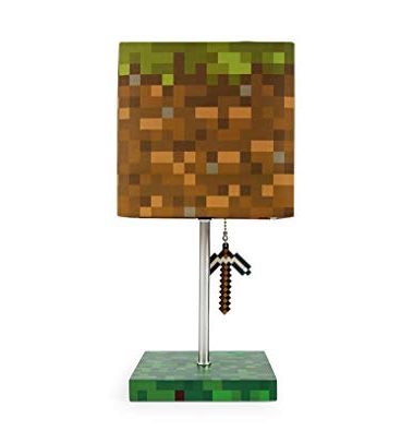 Minecraft Grass Block Desk Lamp with Pickaxe 3D Puller | LED Light Bedside Table Lamp | Video Game-Themed Room Essentials | Home Decor Accessory | 14 Inches Tall