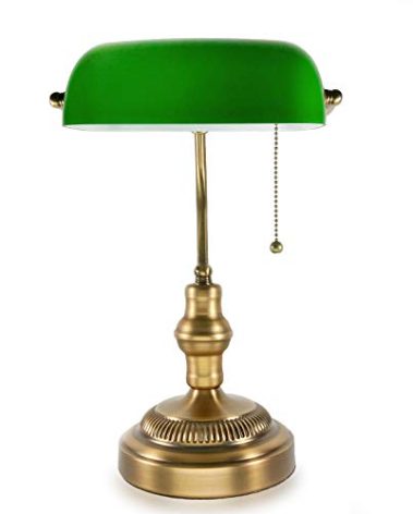 ASOKO Traditional Bankers Lamp, Brass Base, Handmade Emerald Green Glass Shade,Vintage Office Table Light, Antique Style Desk Lamps for Office, Library, Study Room (Brass)(No Bulbs Included)