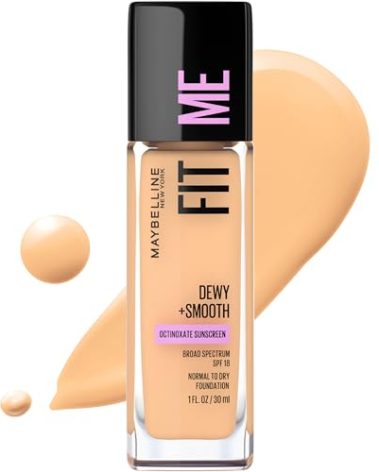 Maybelline Fit Me Dewy + Smooth Liquid Foundation Makeup, Sandy Beige, 1 Count (Packaging May Vary)