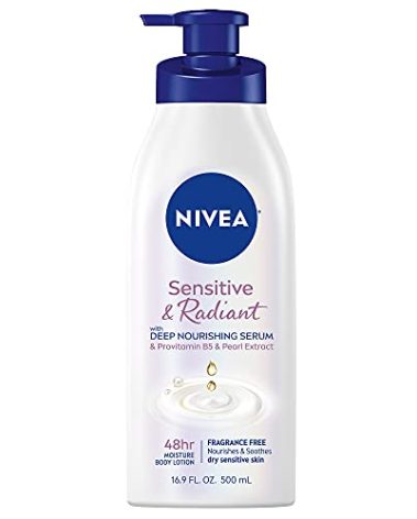 NIVEA Sensitive and Radiant Body Lotion for Sensitive Skin, Hypoallergenic, Fragrance Free Body Lotion for Women with Deep Nourishing Serum, Pearl Extract and Provitamin B5, 16.9 Fl Oz Bottle