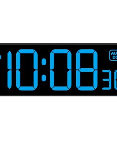 Soobest LED Wall Clock Digital Clock with Seconds, Electric Plug in Large Big Numbers Clock 5 Dimmers Wall Mount for Living Room, Auto DST, 10 Inches (Blue)