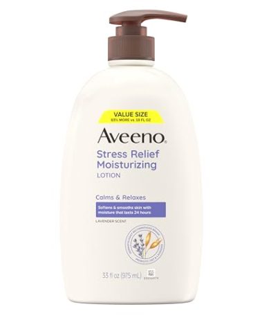 Aveeno Stress Relief Moisturizing Body Lotion 33 Fl Oz, Lavender Scent with Prebiotic Oat, Hydrating 24-Hour Moisturizer Non-Greasy for Dry Sensitive Skin, Paraben & Dye Free, Calming & Relaxing