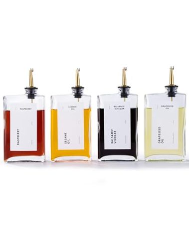 APT 1101 Olive Oil Dispenser for Kitchen, Cooking Oil and Vinegar Dispenser Set, Olive Oil Bottle, Soy sauce dispenser, coffee syrup bottles with stainless steel pourers - 4 pcs, Gold