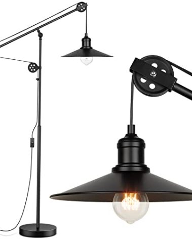 Adjustable Industrial Floor Lamps for Living Room - Rustic Reading Lamp with Pulley System, Modern Farmhouse Indoor Pole Task Lamp, Vintage Tall Standing Lamps for Bedroom Office, Blackened Bronze
